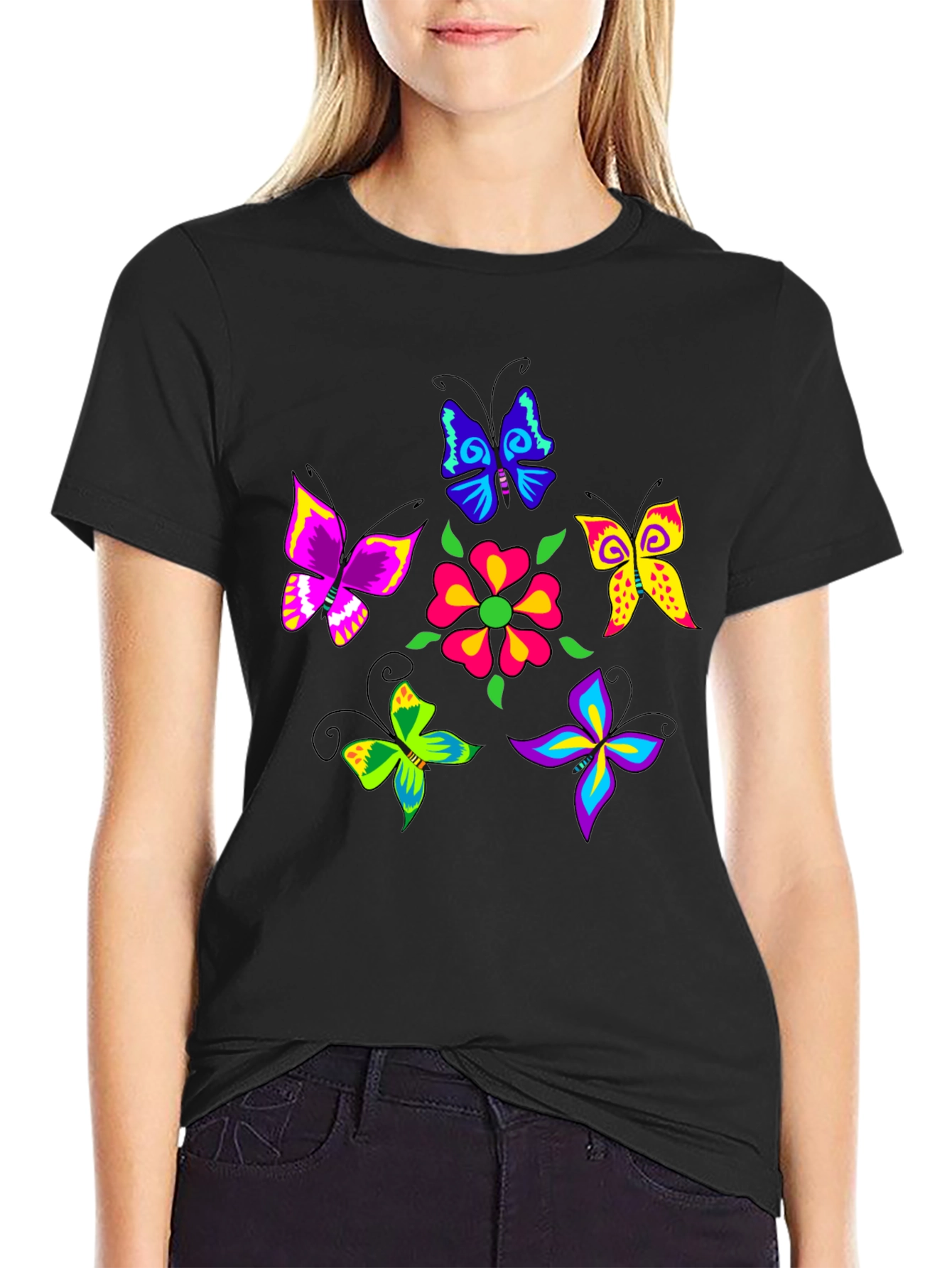 Vibrant Butterfly Graphic Black T-Shirt