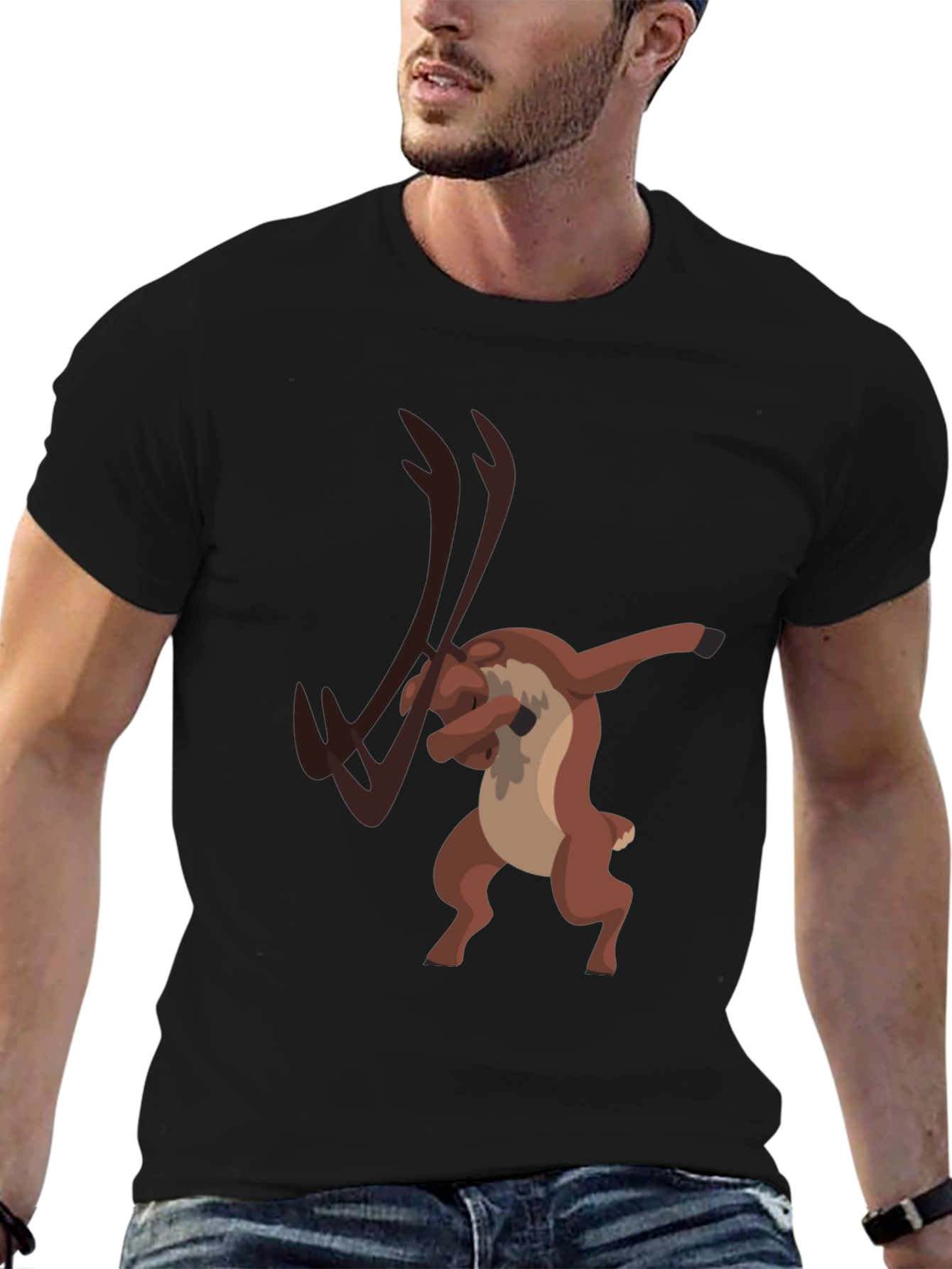 Dabbing Reindeer Graphic Tee - Black Cotton T-Shirt