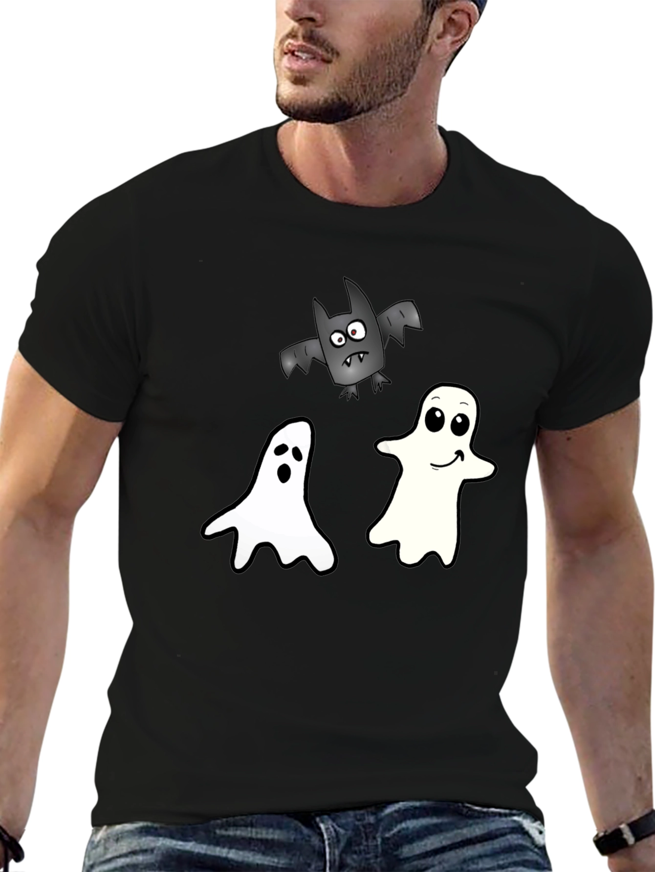 Spooky Season Tee: Ghosts and Bats Black T-Shirt