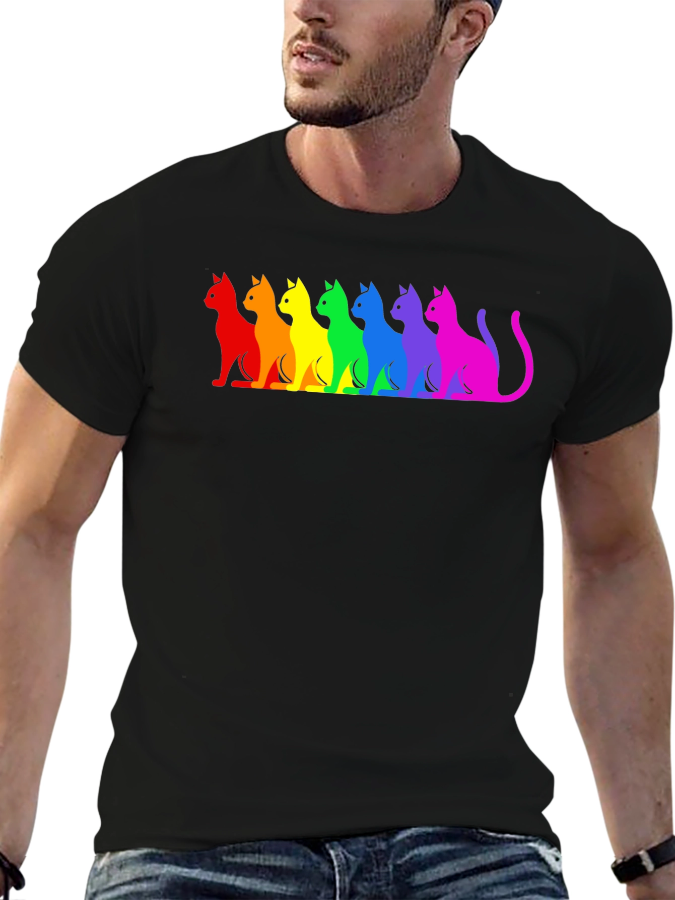 Rainbow Cat Silhouette Graphic Tee - Black