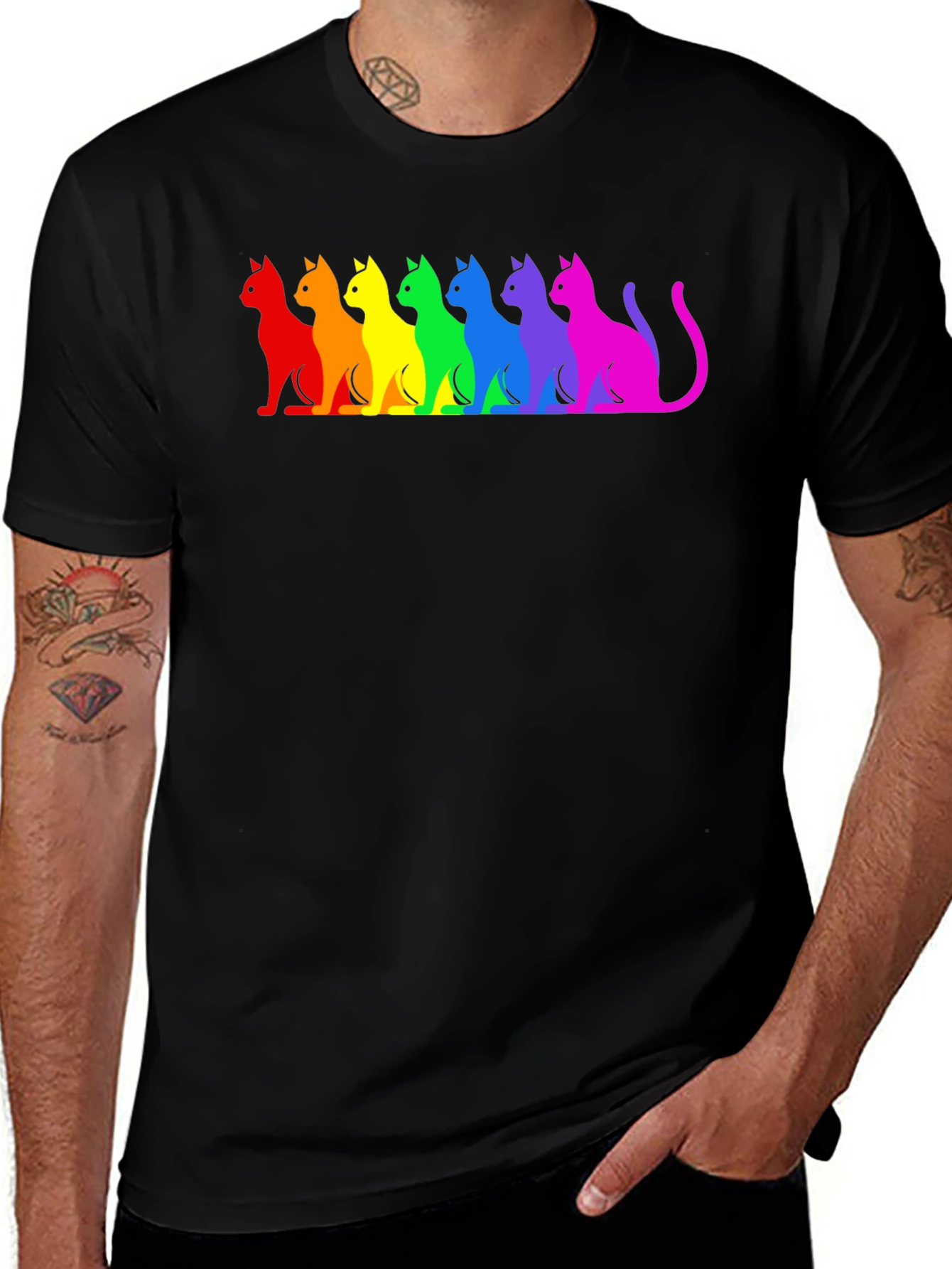 Rainbow Cat Silhouette Graphic Tee - Black