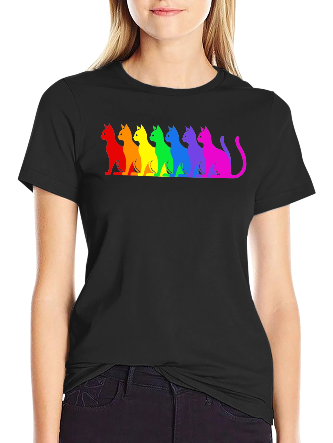 Rainbow Cat Silhouette Graphic Tee - Black