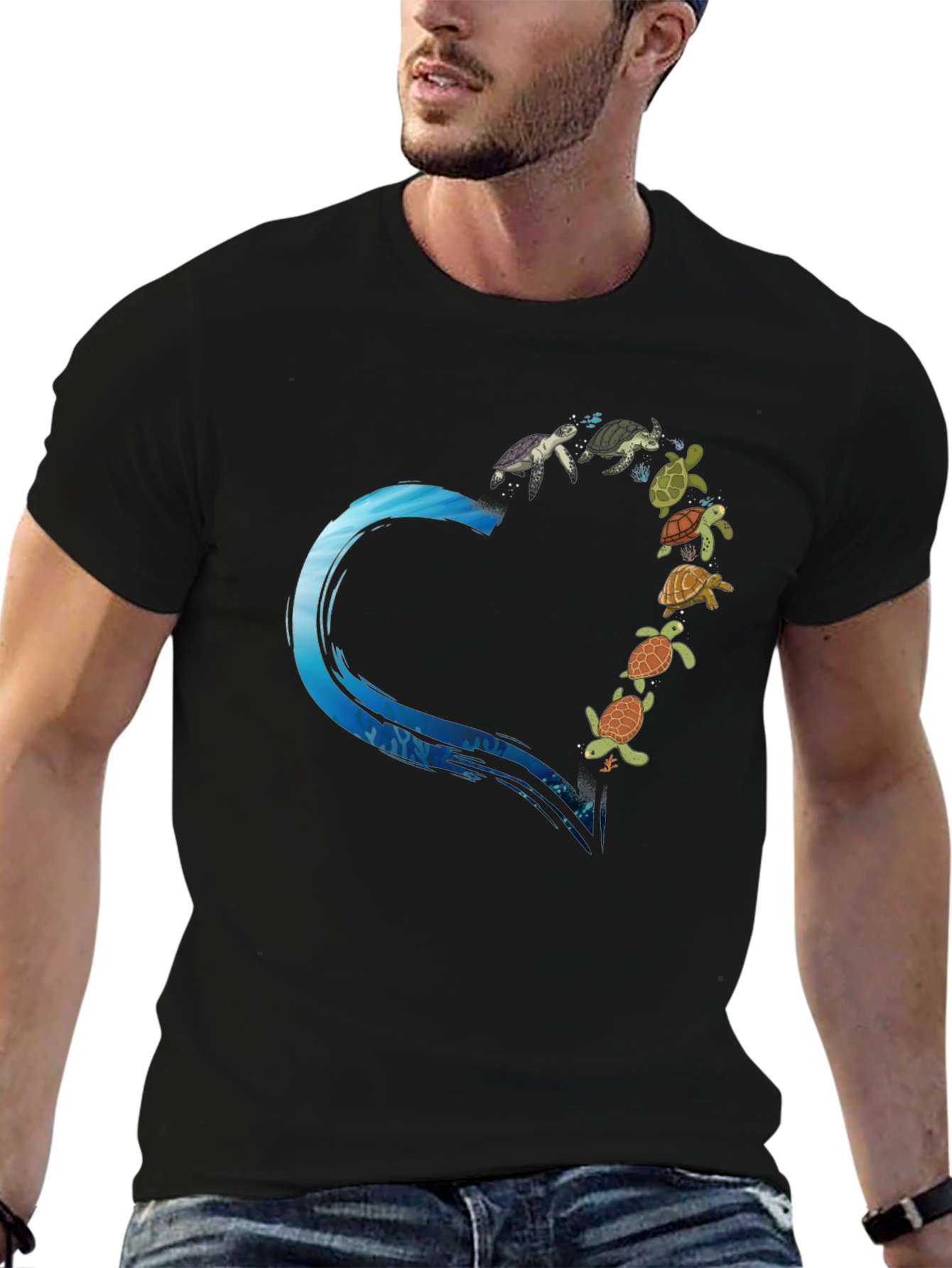 Turtle Heart Graphic Tee - Black Cotton T-Shirt