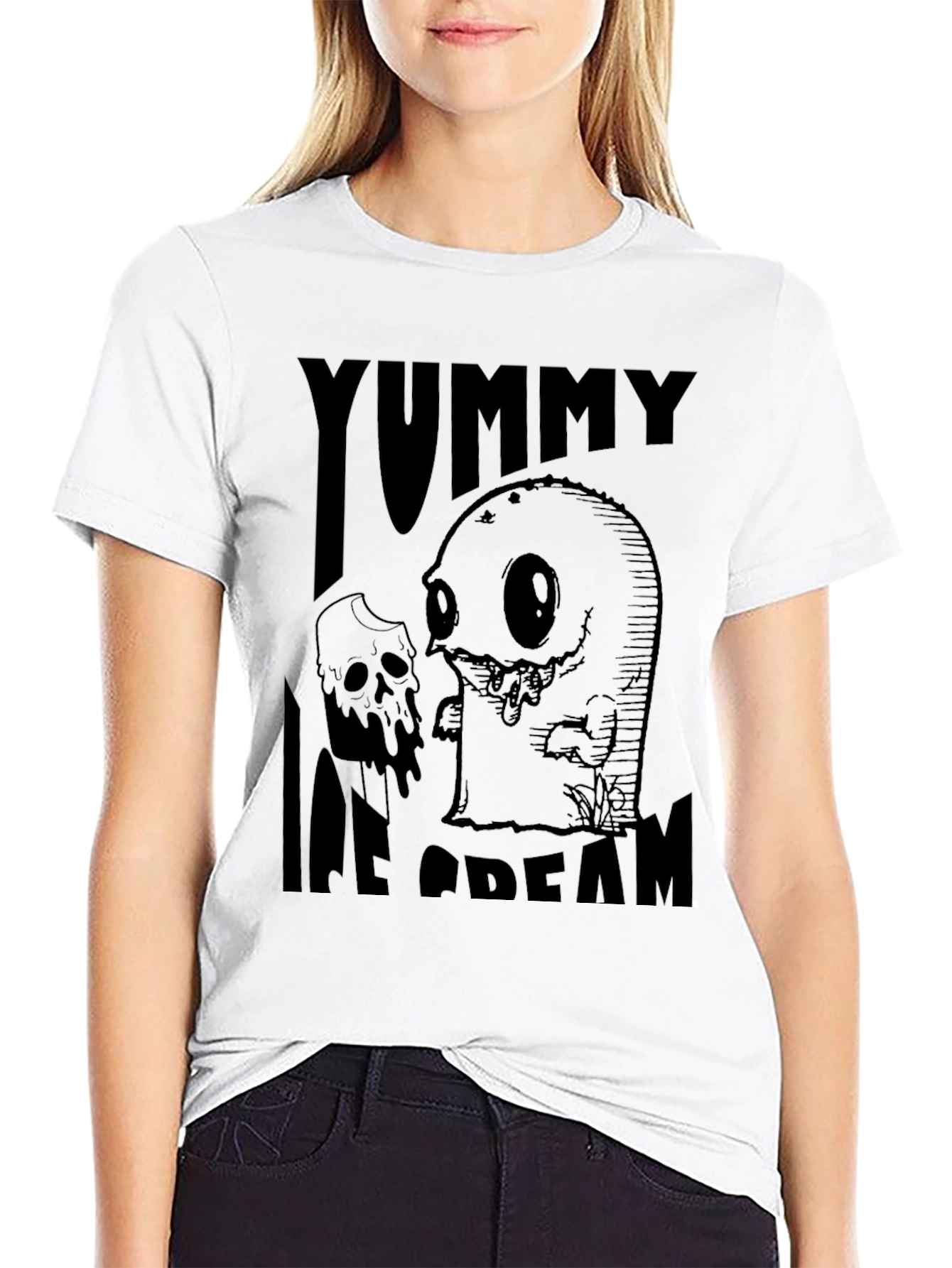 Yummy Ice Cream Graphic Tee - Black Cotton T-Shirt