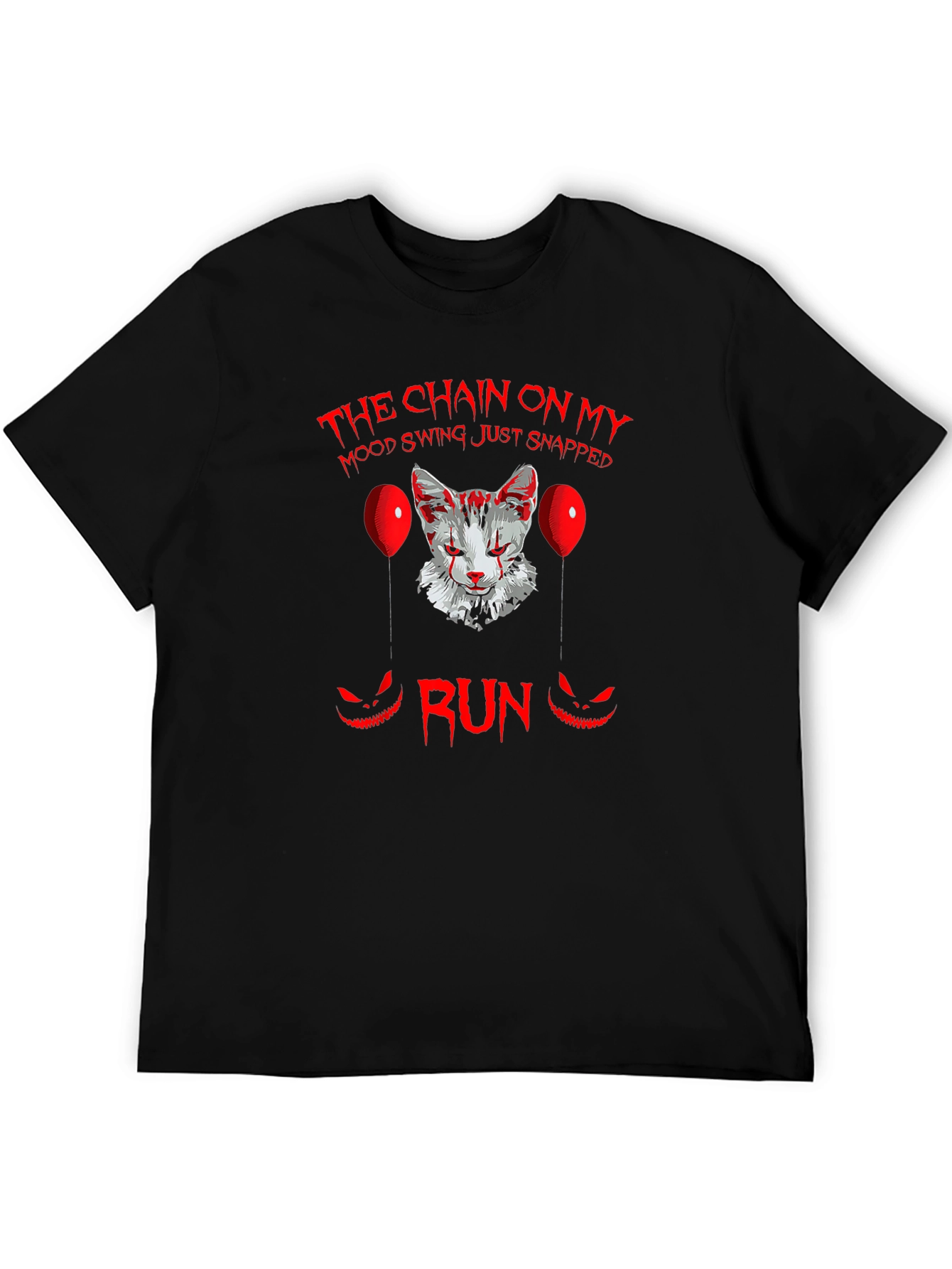Scary Cat Clown Graphic Black T-Shirt - Run!