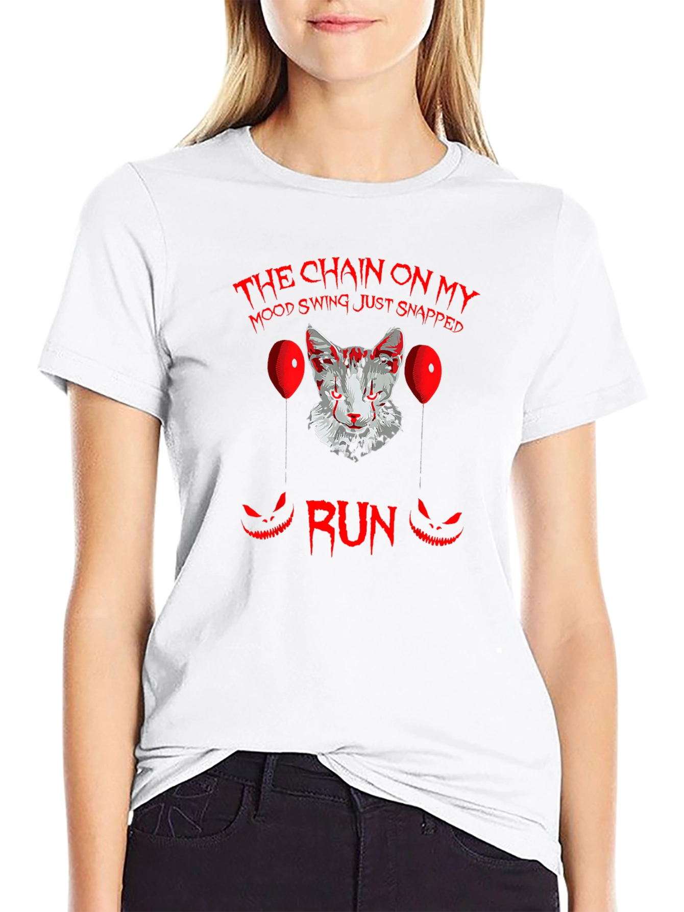 Scary Cat Clown Graphic Black T-Shirt - Run!
