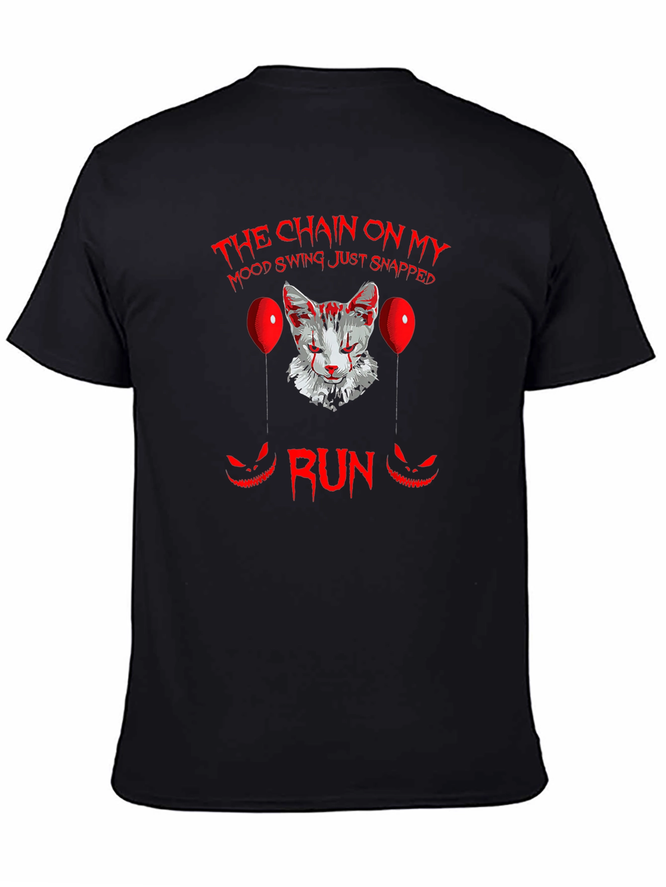 Scary Cat Clown Graphic Black T-Shirt - Run!