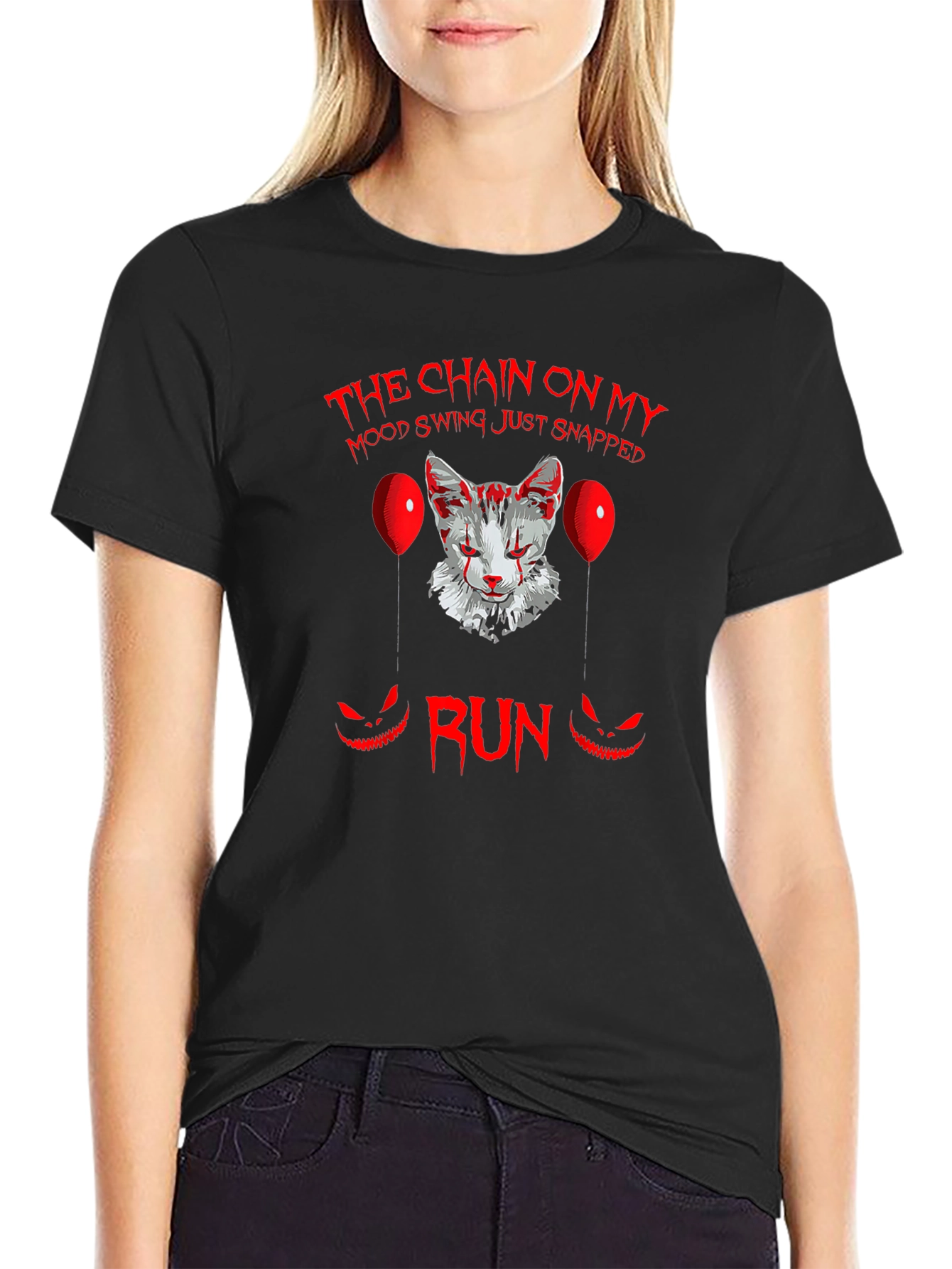 Scary Cat Clown Graphic Black T-Shirt - Run!