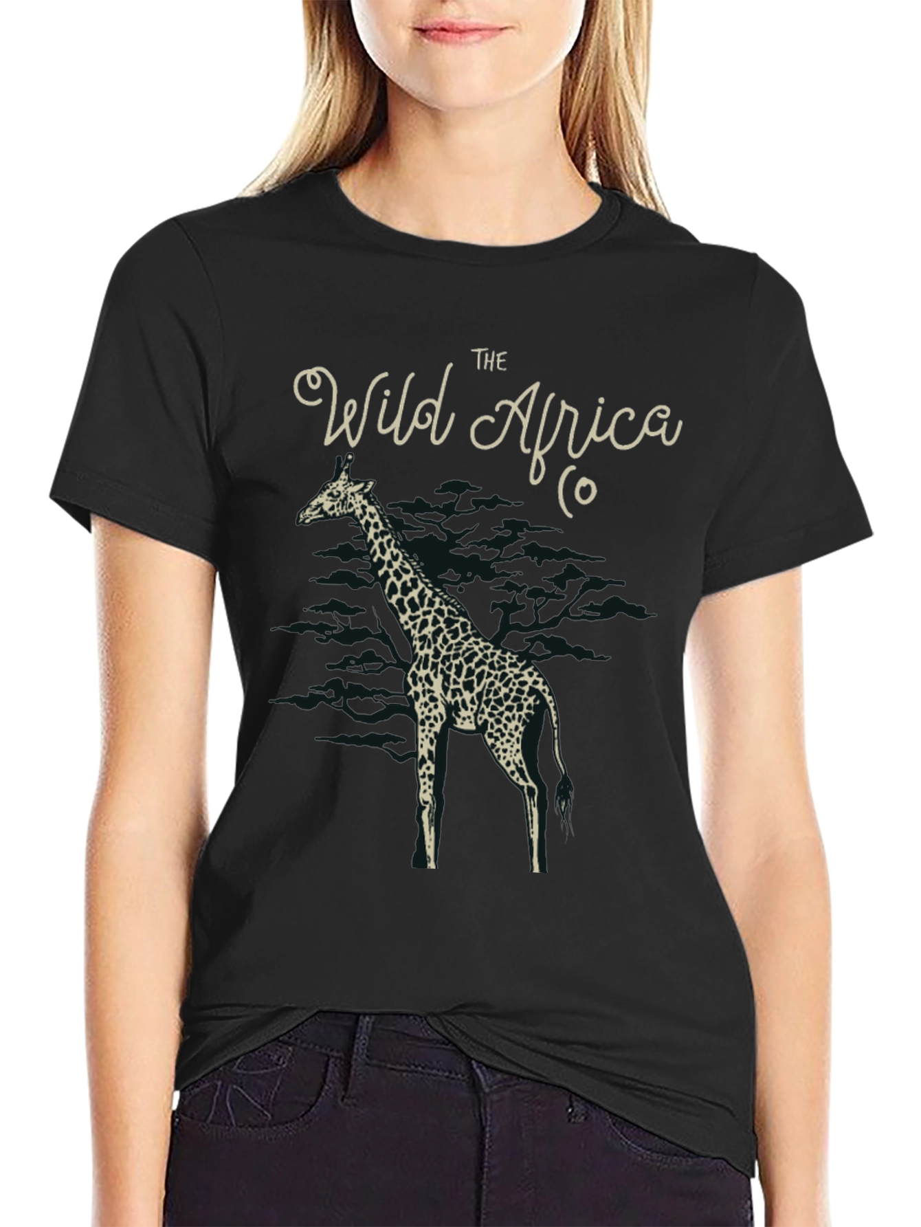 The Wild Africa Co. Giraffe Print Black T-Shirt