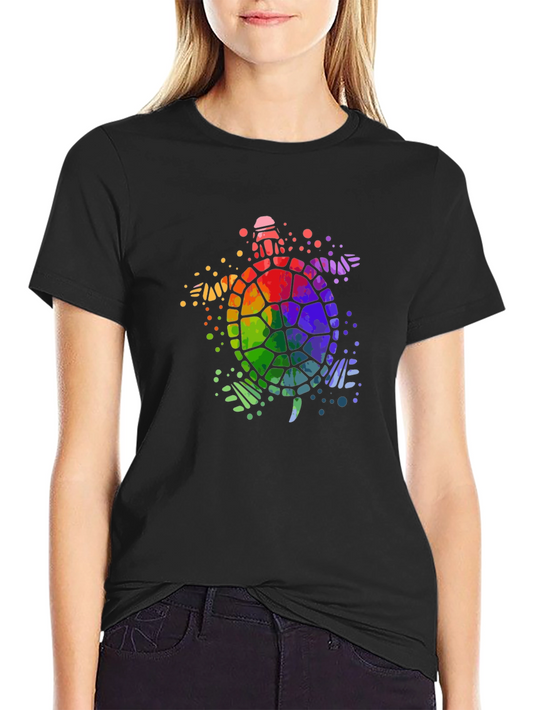 Rainbow Turtle Graphic Tee - Black Cotton T-Shirt