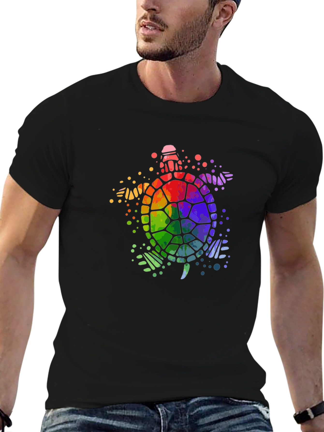 Rainbow Turtle Graphic Tee - Black Cotton T-Shirt