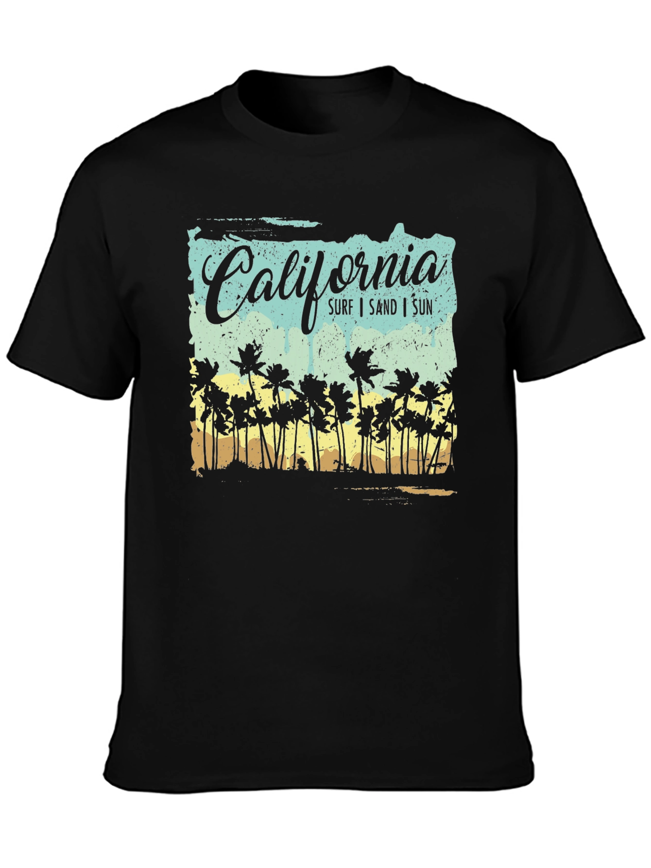 California Surf Sand Sun Palm Tree Black T-Shirt