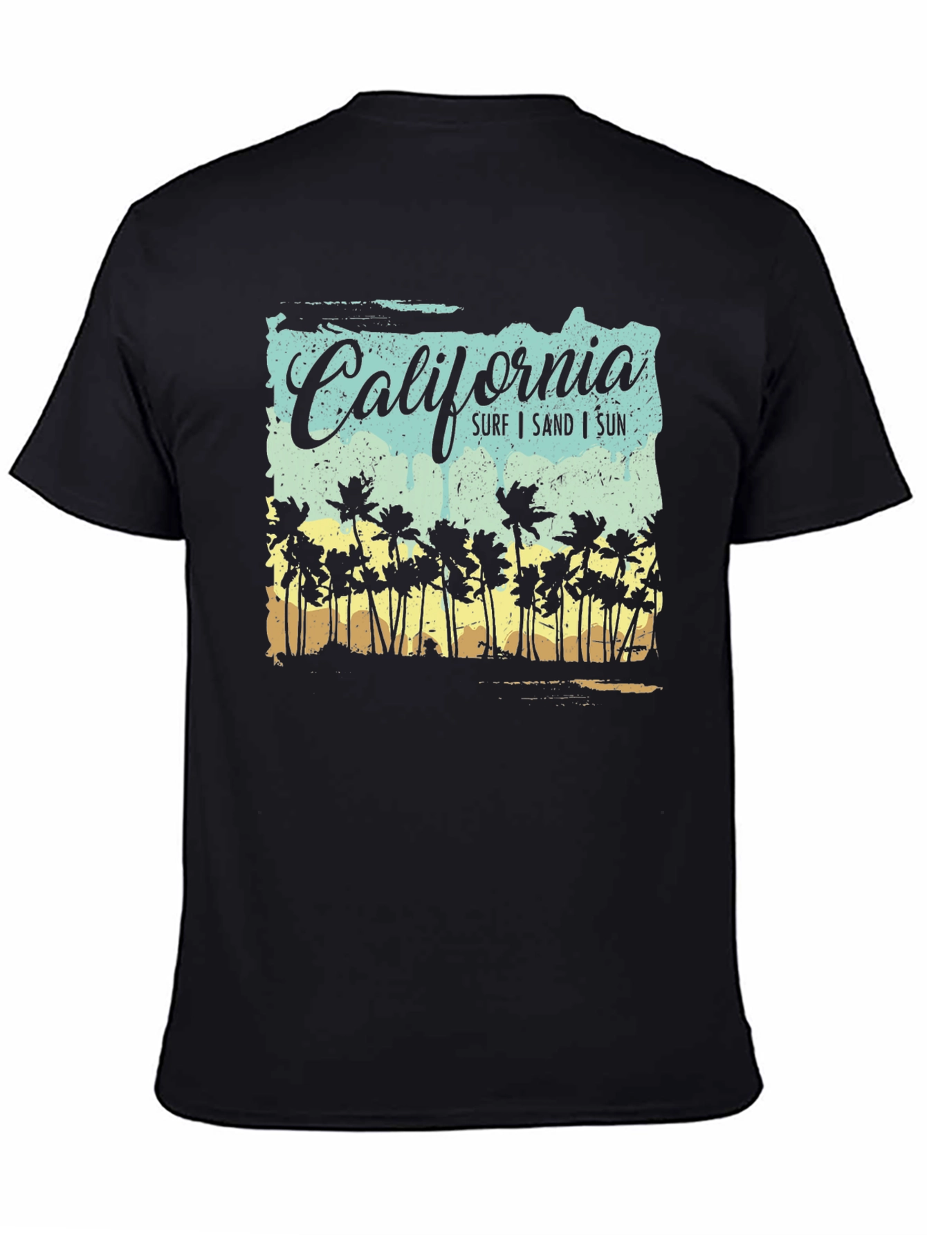 California Surf Sand Sun Palm Tree Black T-Shirt