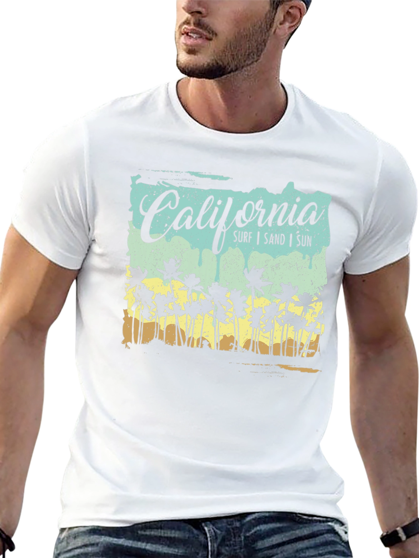 California Surf Sand Sun Palm Tree Black T-Shirt