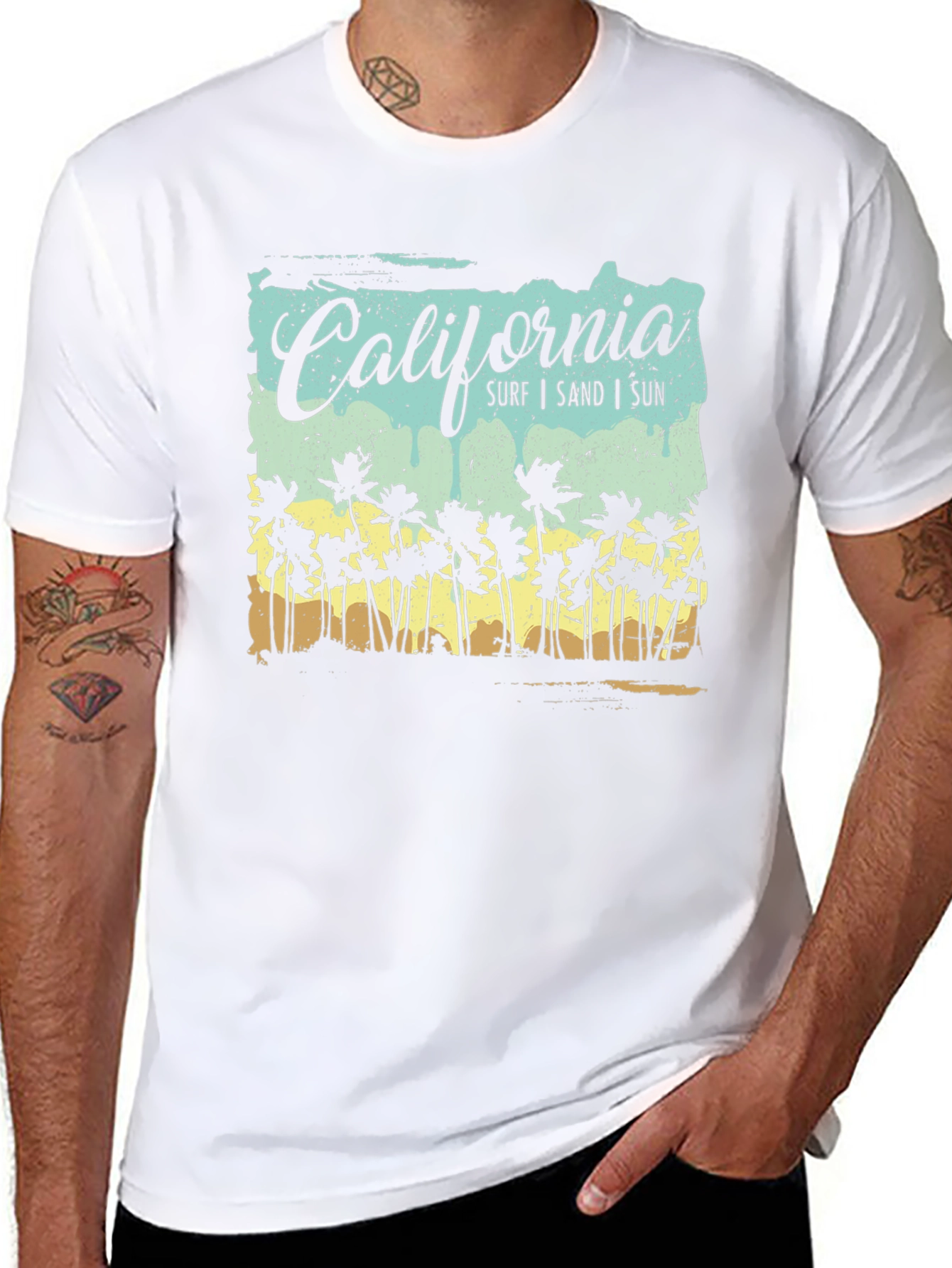 California Surf Sand Sun Palm Tree Black T-Shirt