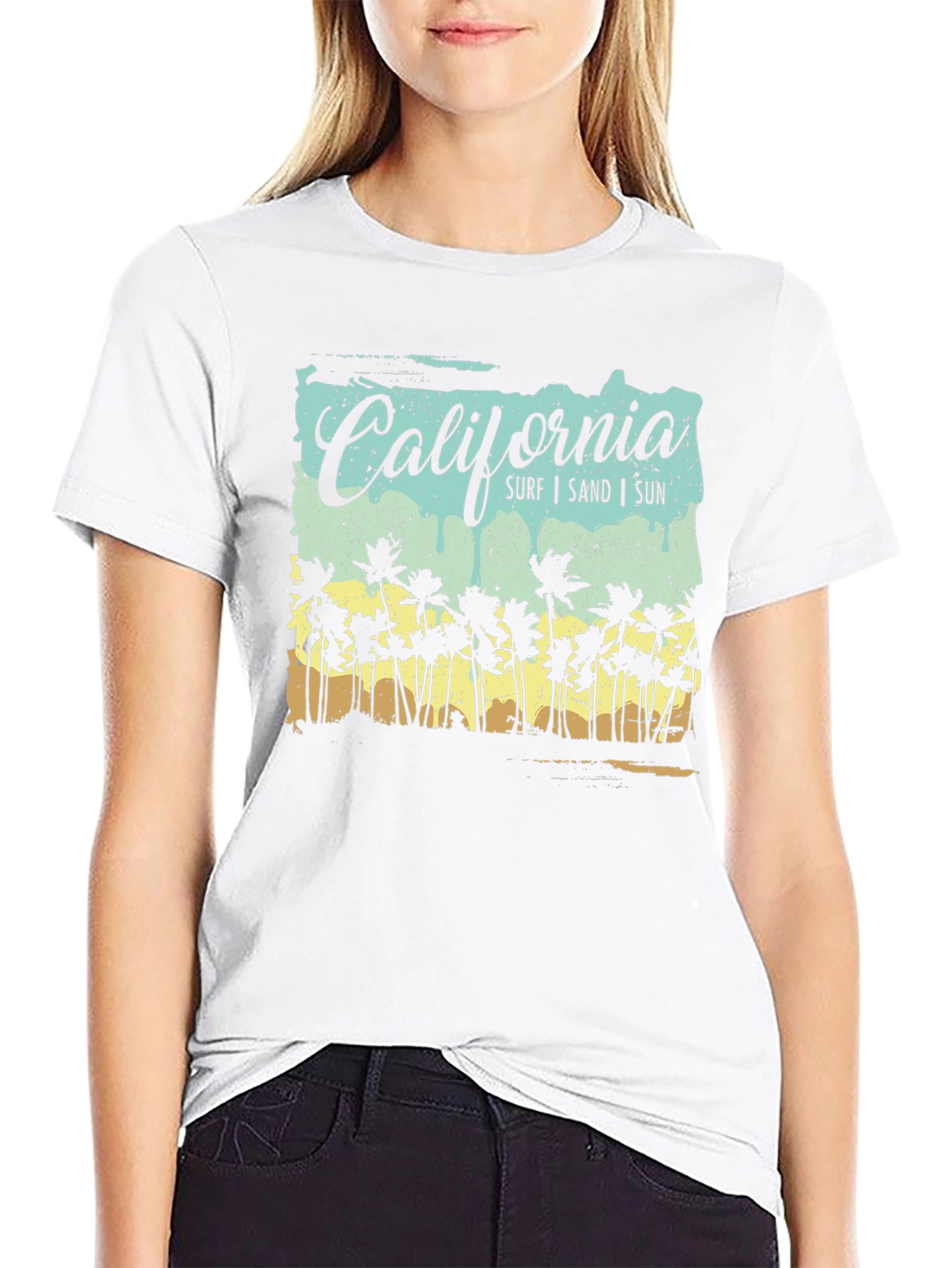 California Surf Sand Sun Palm Tree Black T-Shirt