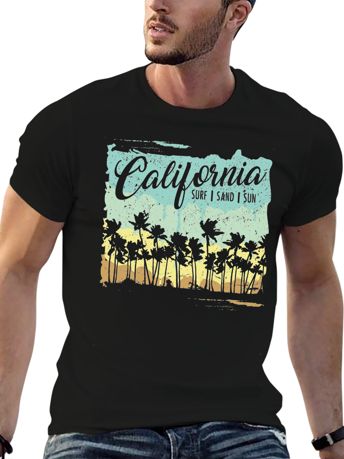 California Surf Sand Sun Palm Tree Black T-Shirt
