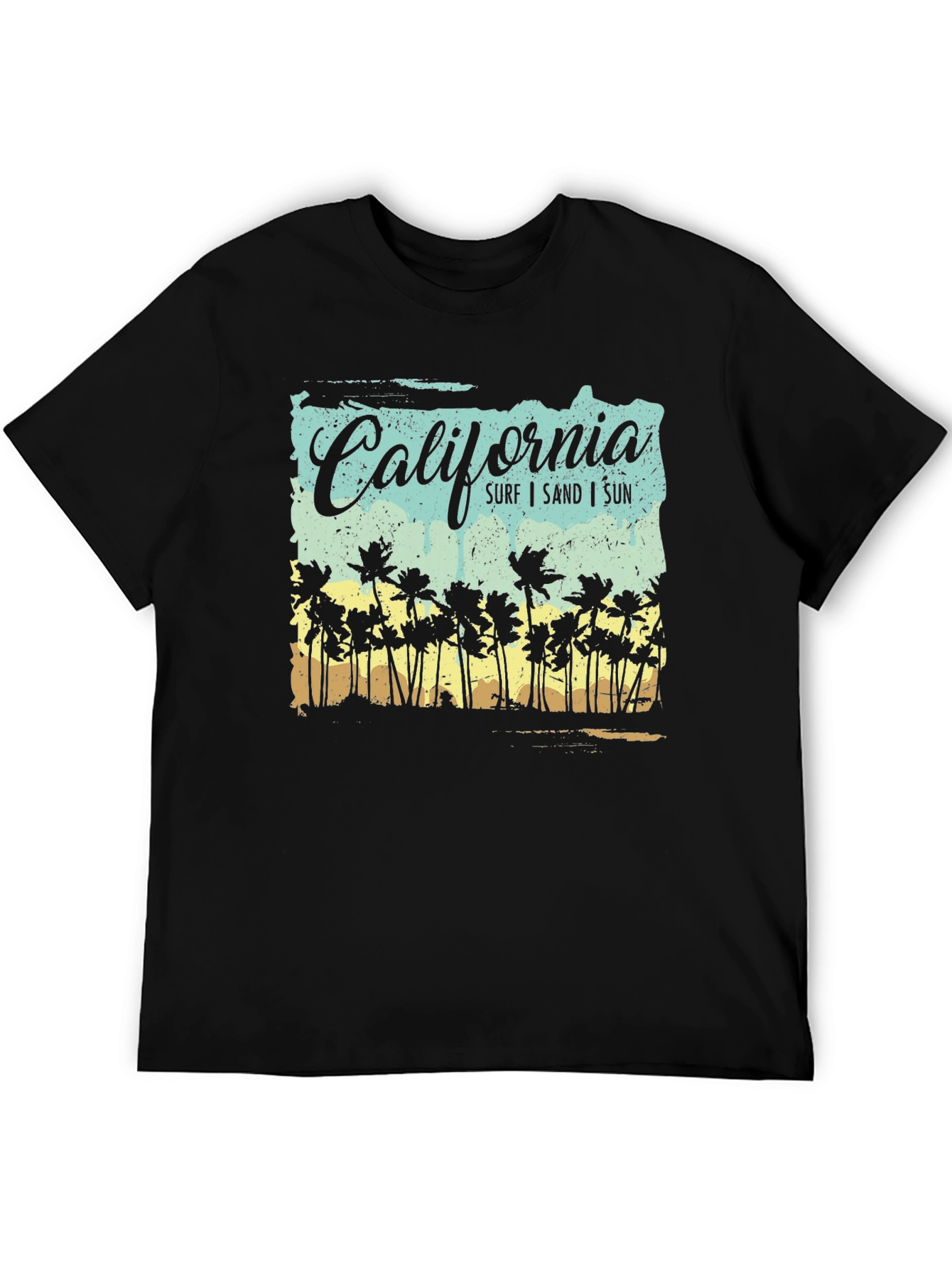 California Surf Sand Sun Palm Tree Black T-Shirt
