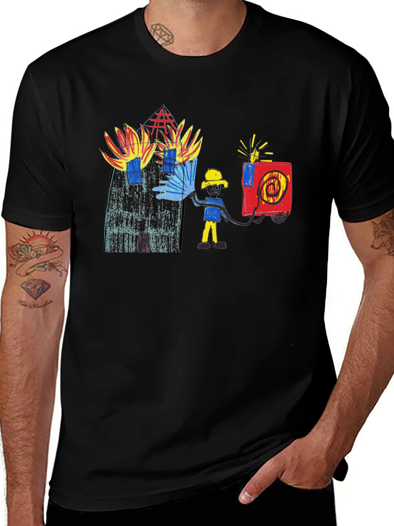 Black T-Shirt with Firefighter Graphic Tee