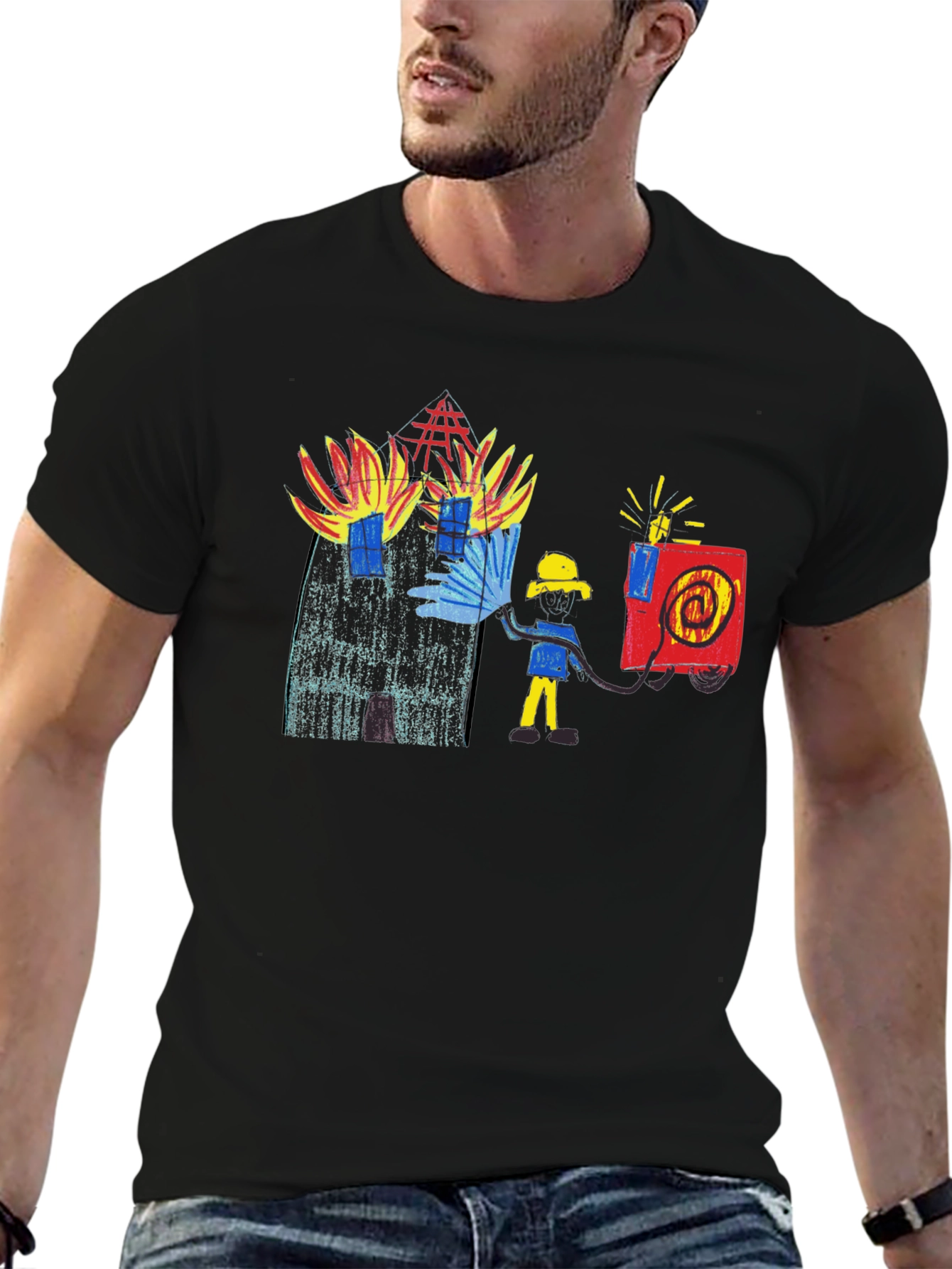 Black T-Shirt with Firefighter Graphic Tee