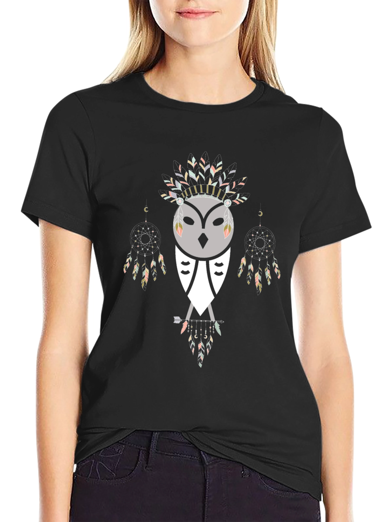 Tribal Owl Graphic Tee - Black Cotton Blend Shirt