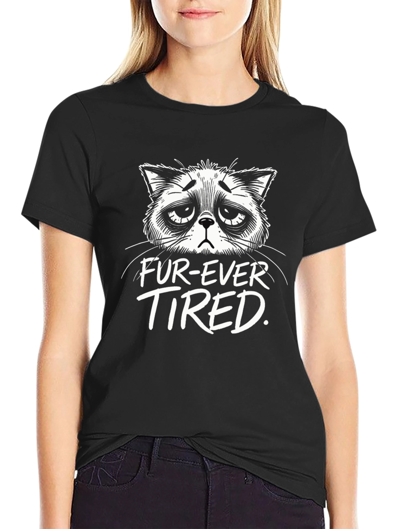 Fur-Ever Tired Cat Graphic T-Shirt - Black