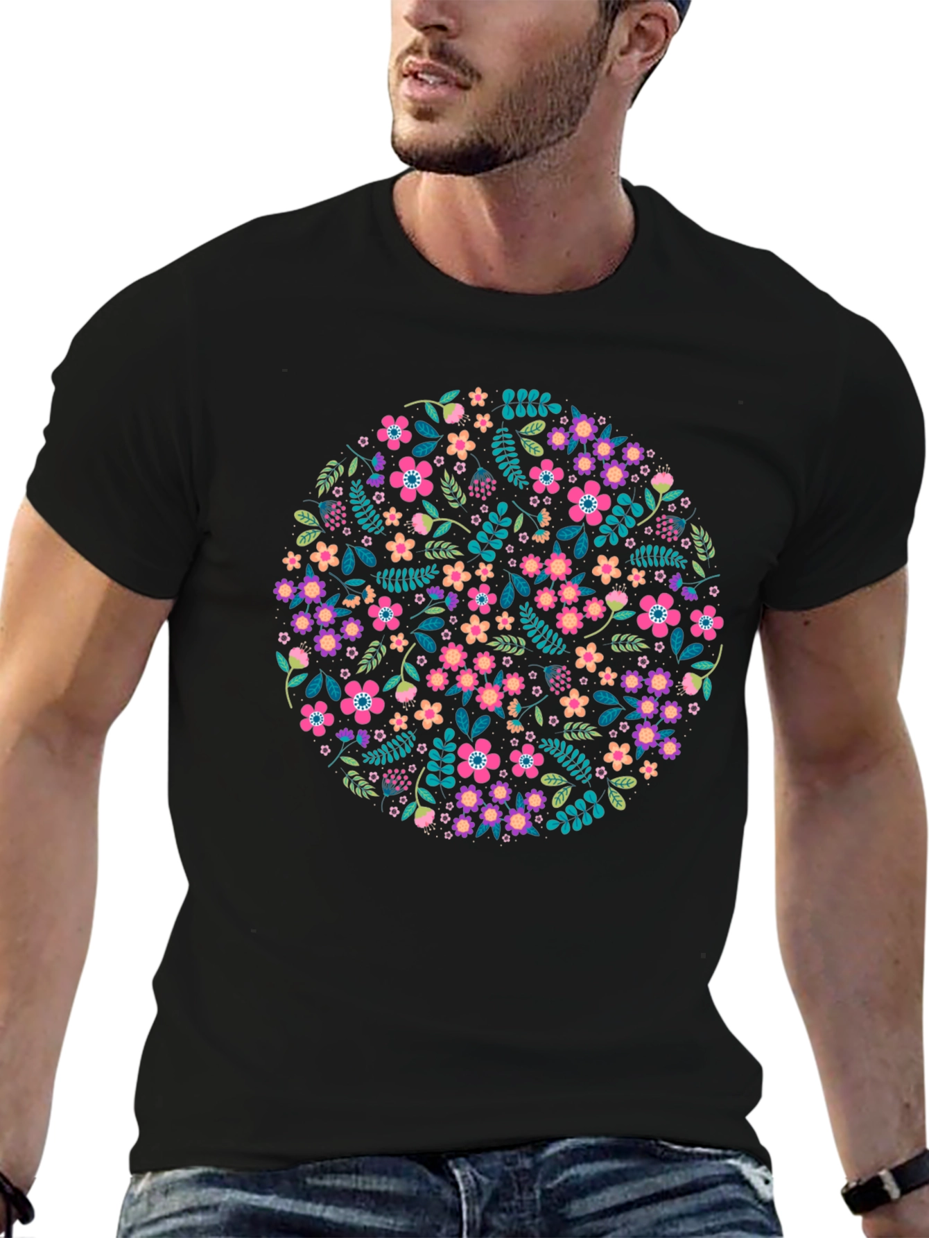 Floral Circle Graphic Black T-Shirt