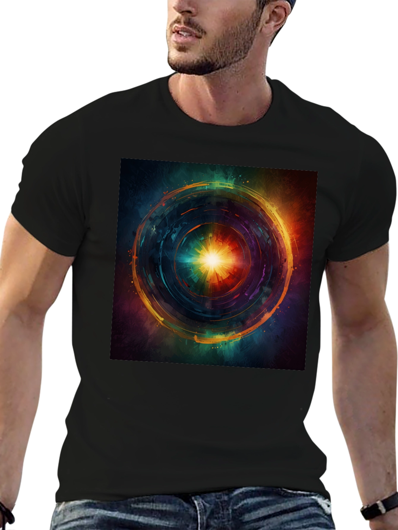 Abstract Vortex Graphic Print Black T-Shirt