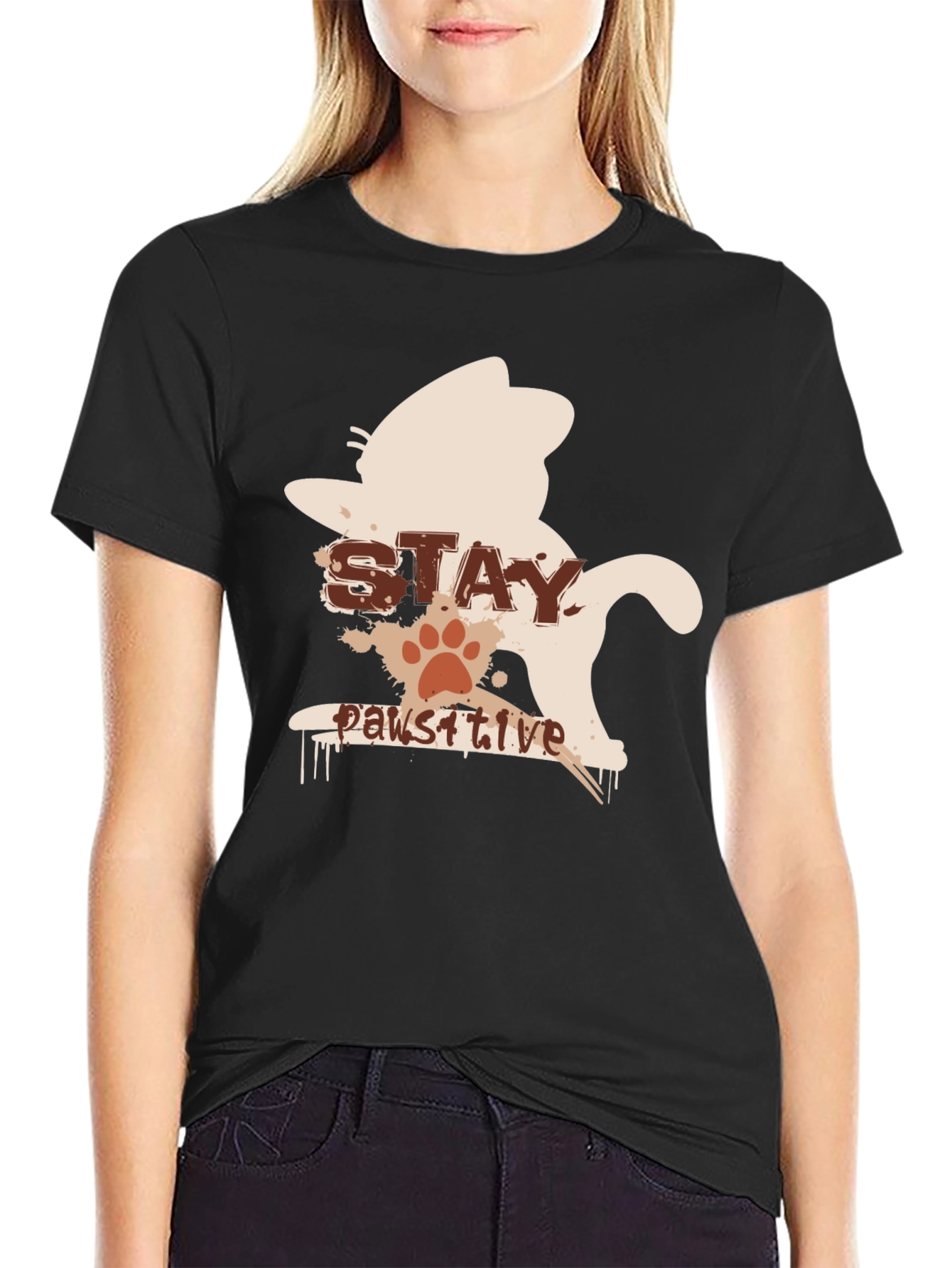 Stay Pawsitive Cat T-Shirt - Black