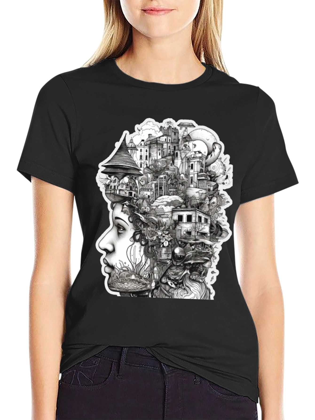 Surreal Cityscape Head T-Shirt - Unique Art Tee