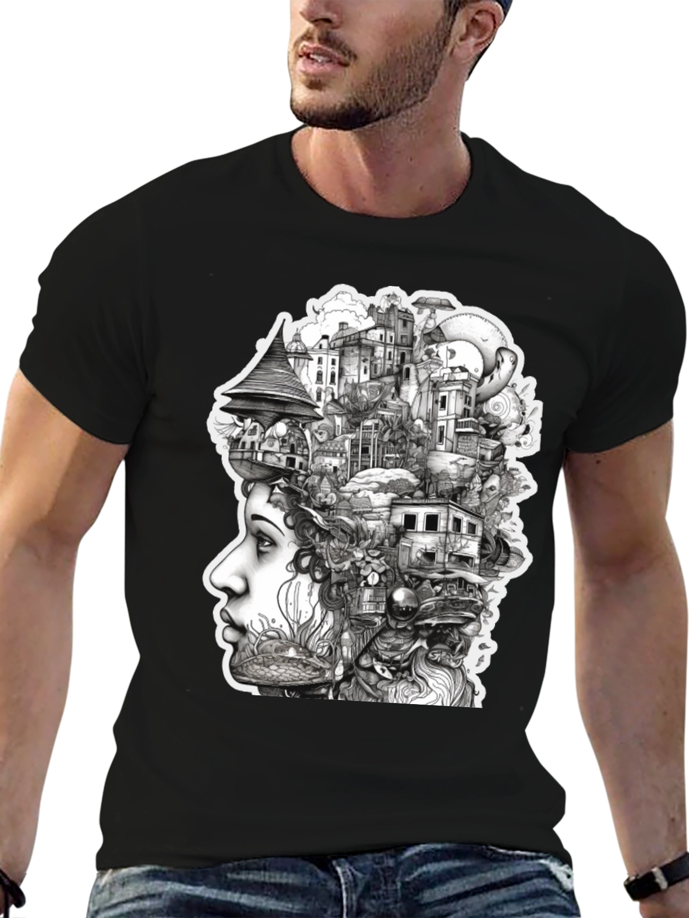 Surreal Cityscape Head T-Shirt - Unique Art Tee