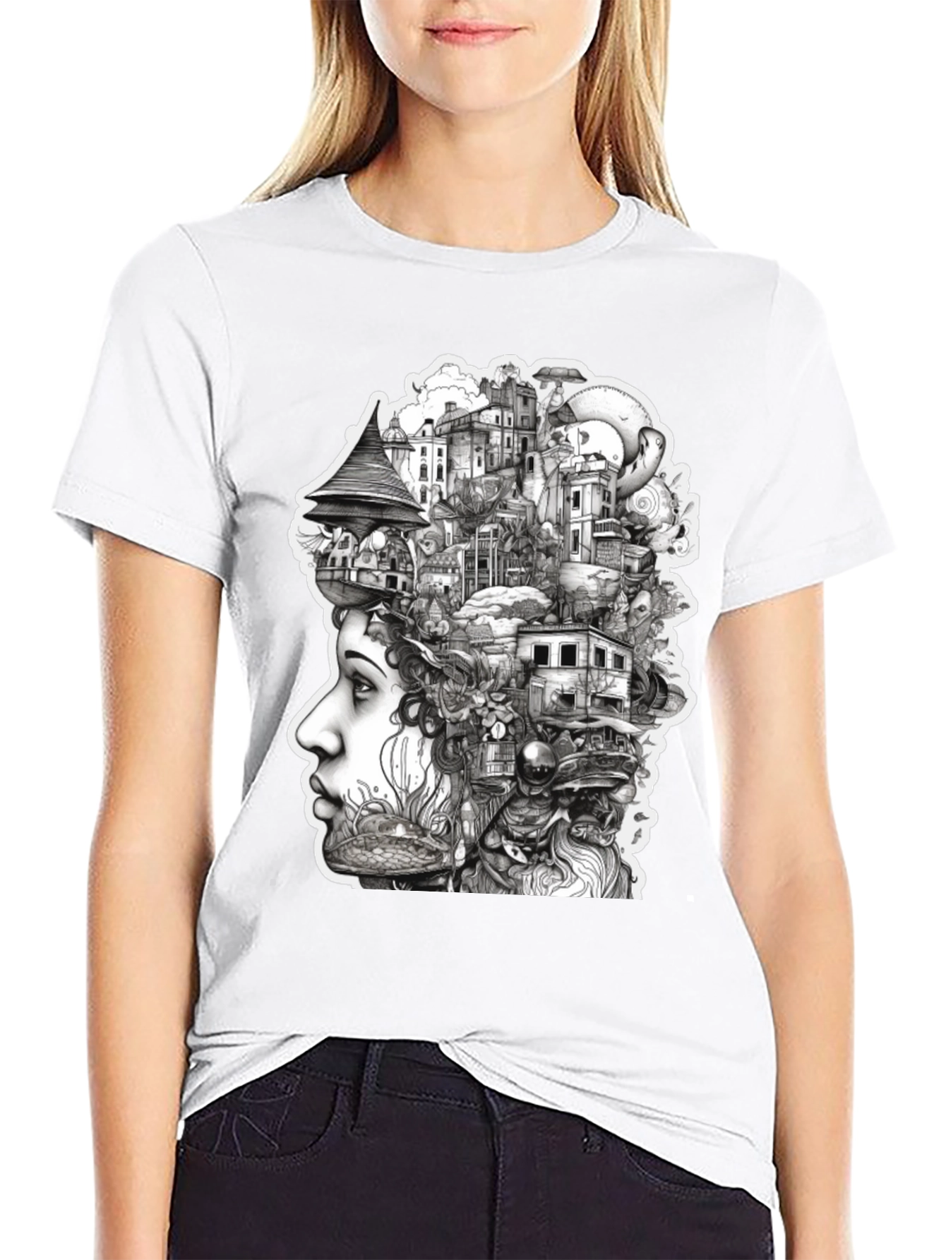 Surreal Cityscape Head T-Shirt - Unique Art Tee