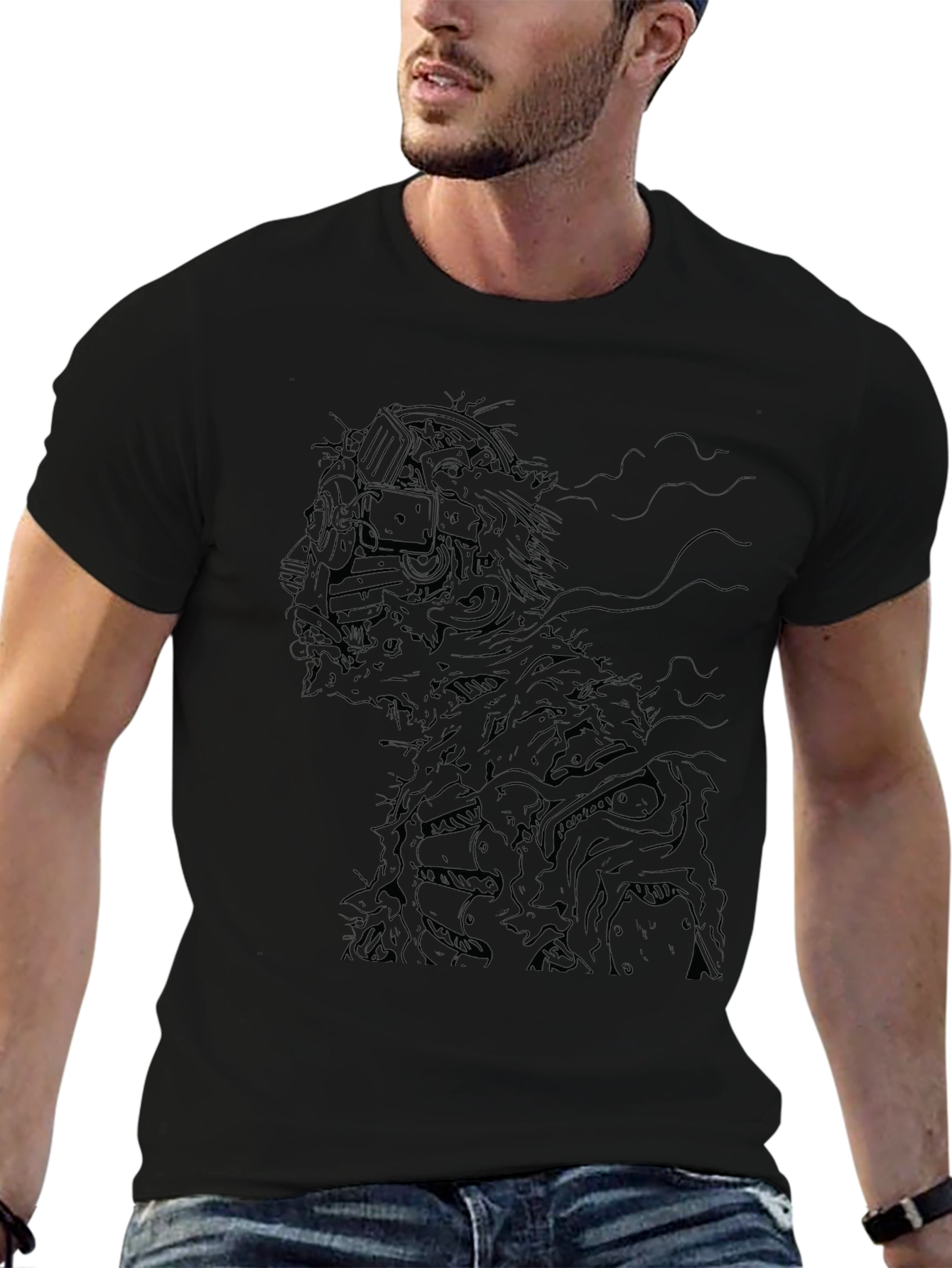 Cyberpunk Zombie Graphic Print Black T-Shirt