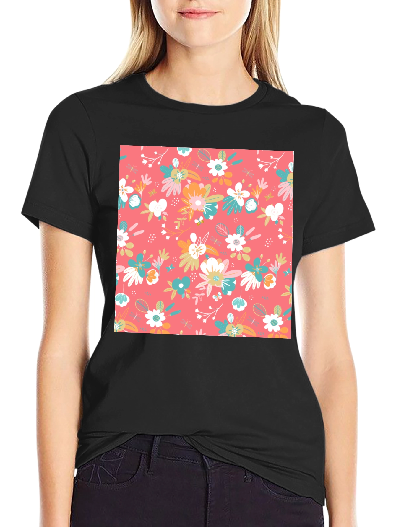 Floral Pattern Black T-Shirt