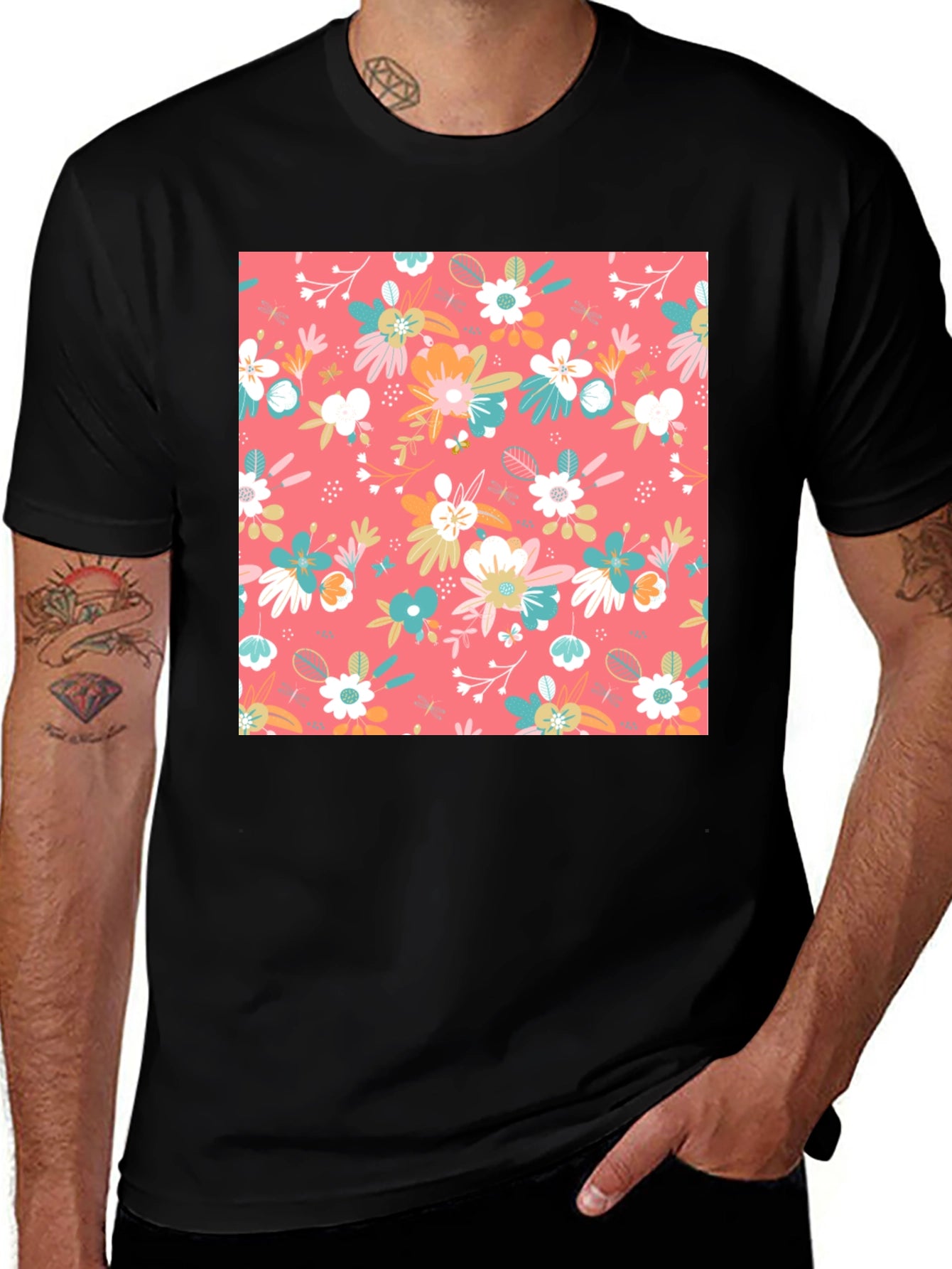 Floral Pattern Black T-Shirt