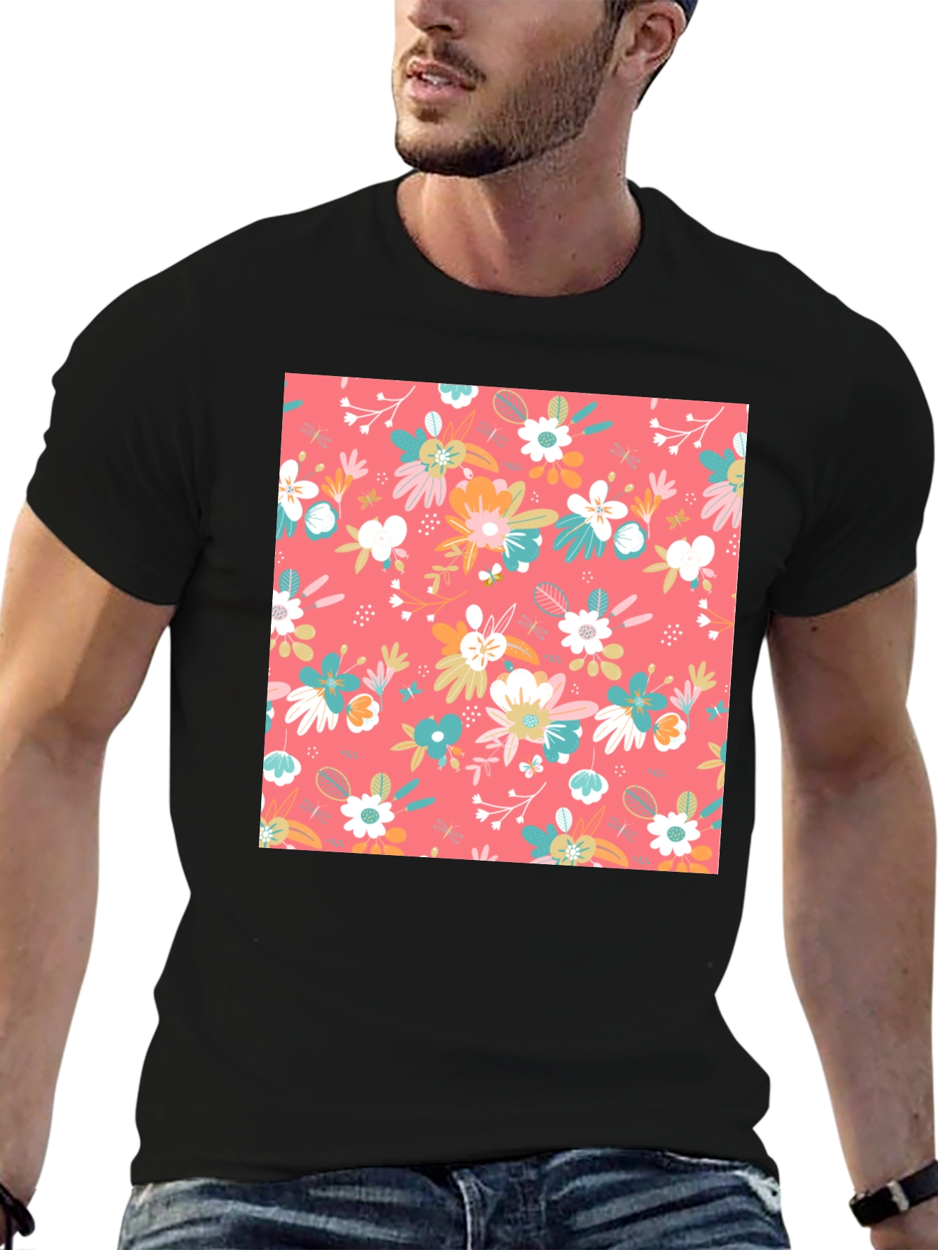 Floral Pattern Black T-Shirt