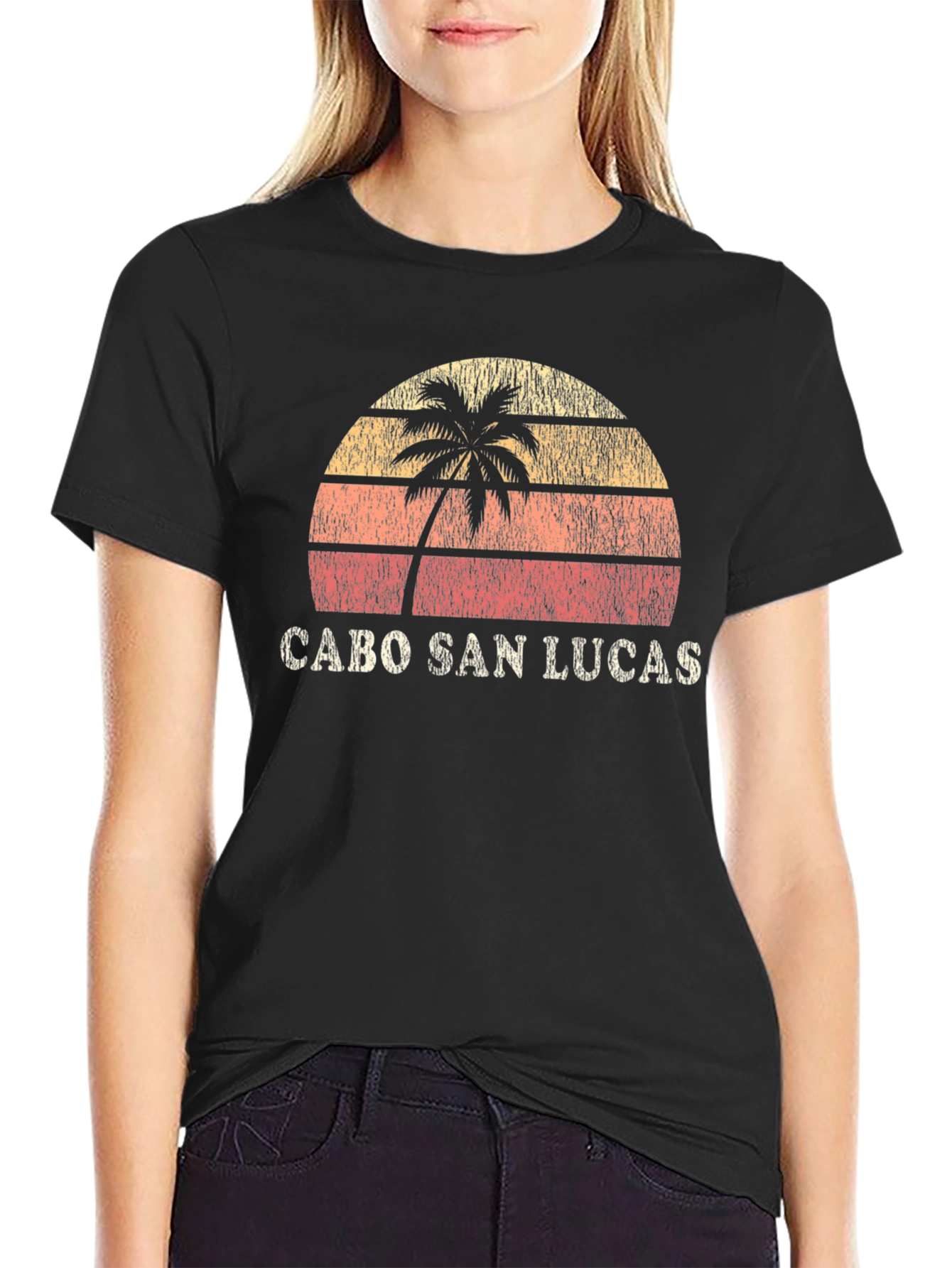 Cabo San Lucas Black Retro Sunset Palm T-Shirt