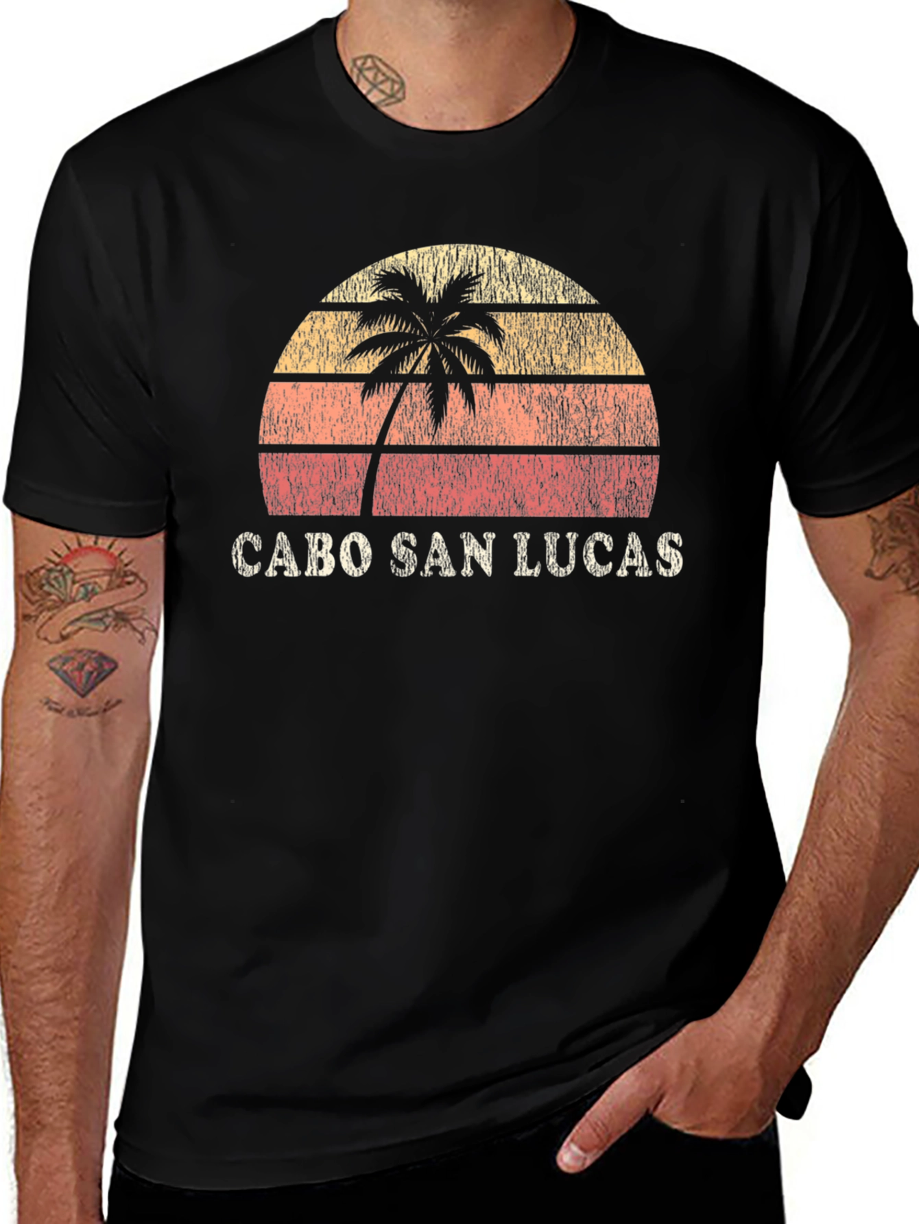 Cabo San Lucas Black Retro Sunset Palm T-Shirt