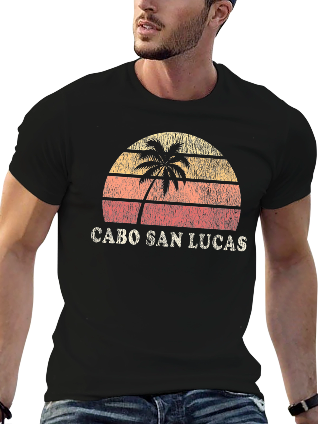 Cabo San Lucas Black Retro Sunset Palm T-Shirt