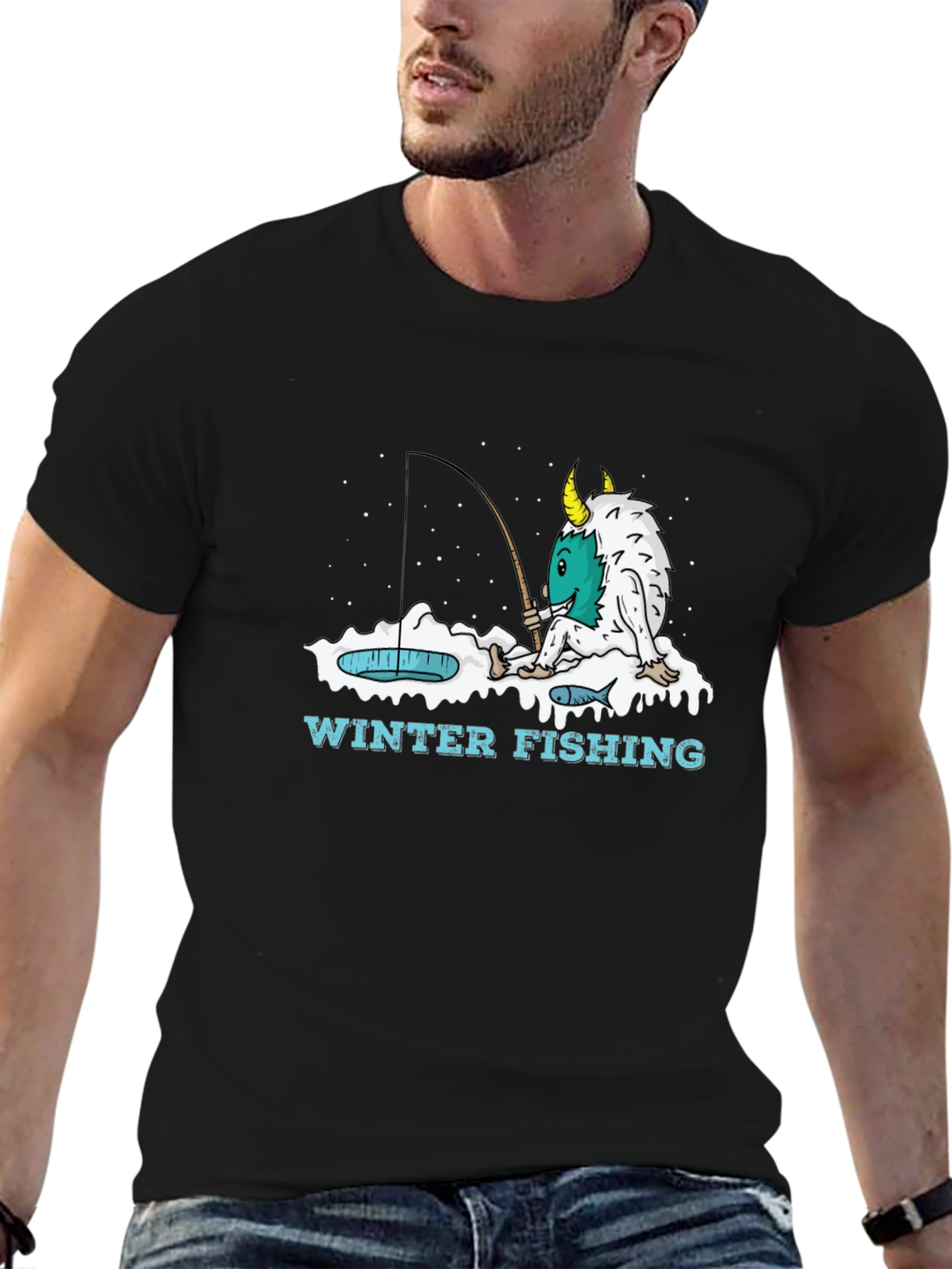 Winter Fishing Monster Graphic T-Shirt