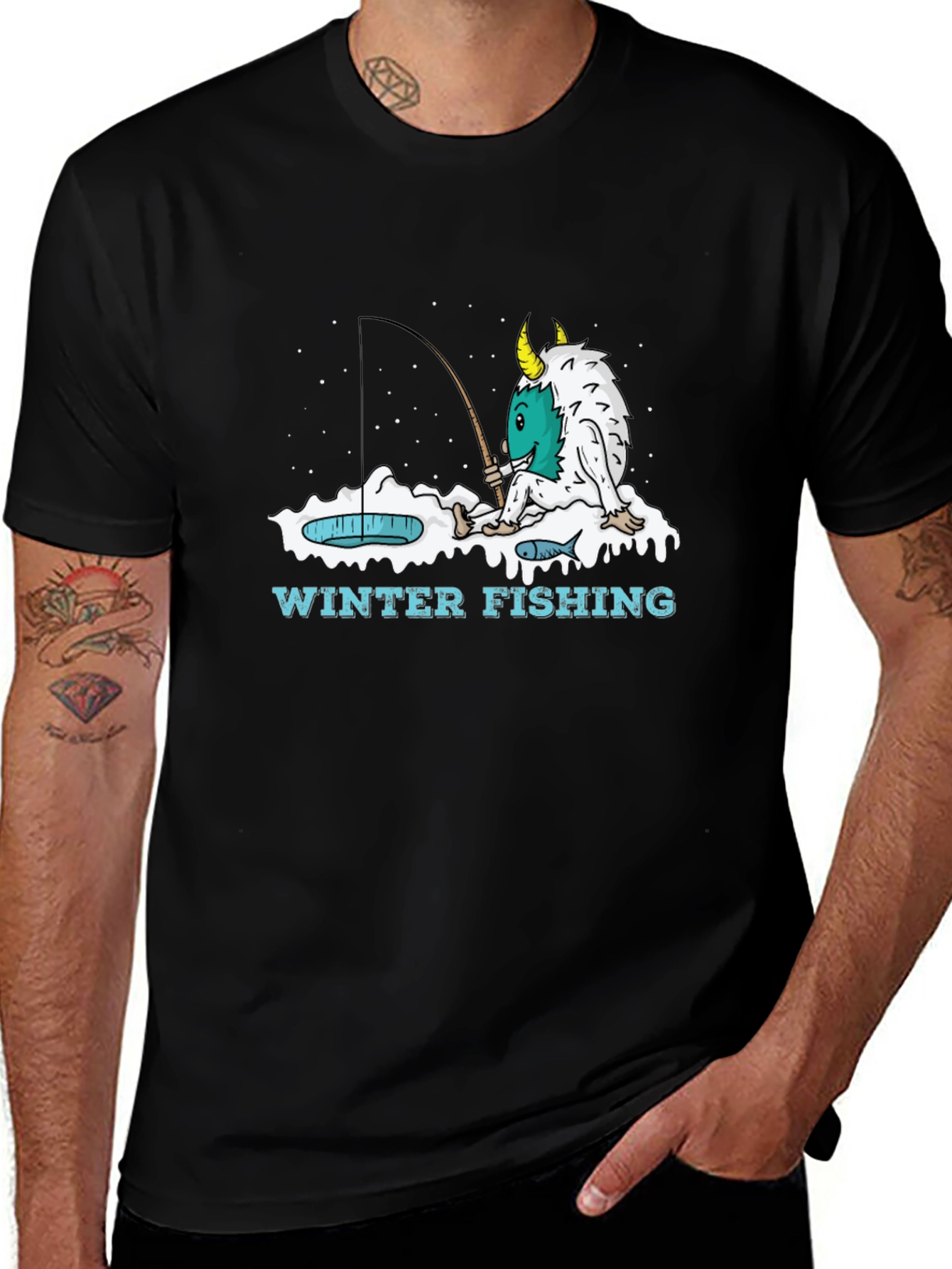 Winter Fishing Monster Graphic T-Shirt
